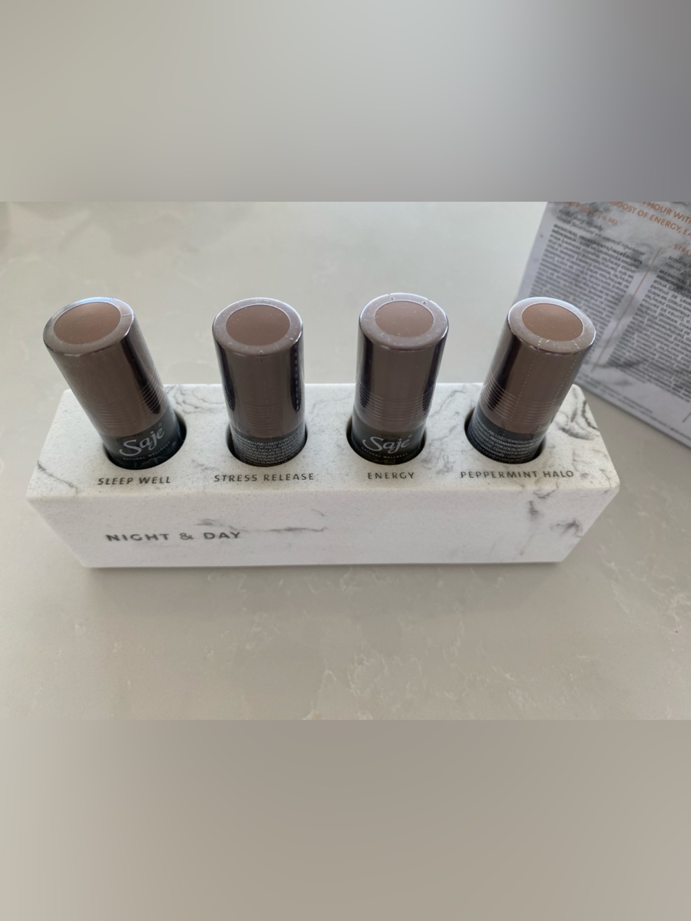 BNIB Saje Night & Day Marble Holder with 4 Aromatherapy Roller Bottles